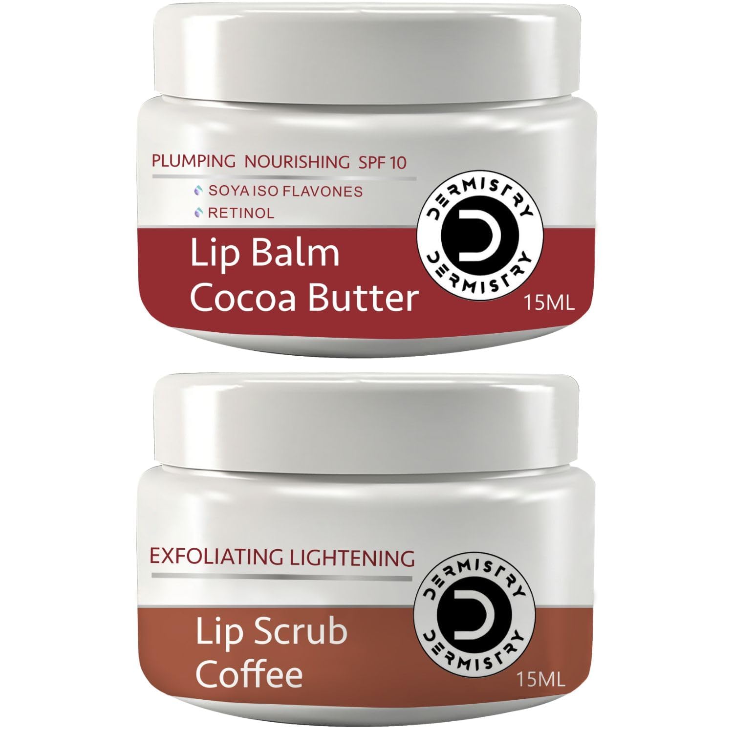 Two white cosmetic jars stacked vertically on a white background. The top jar is labeled 'Lip Balm Cocoa Butter' by Desmistry Dermistry, and the bottom jar is labeled 'Lip Scrub Coffee'.